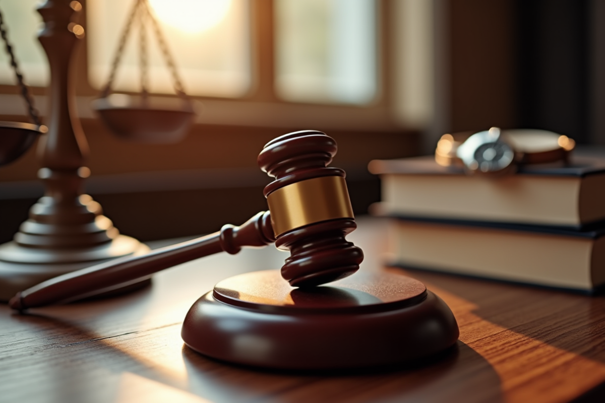 Gavel en bois et livres de droit sur un bureau élégant