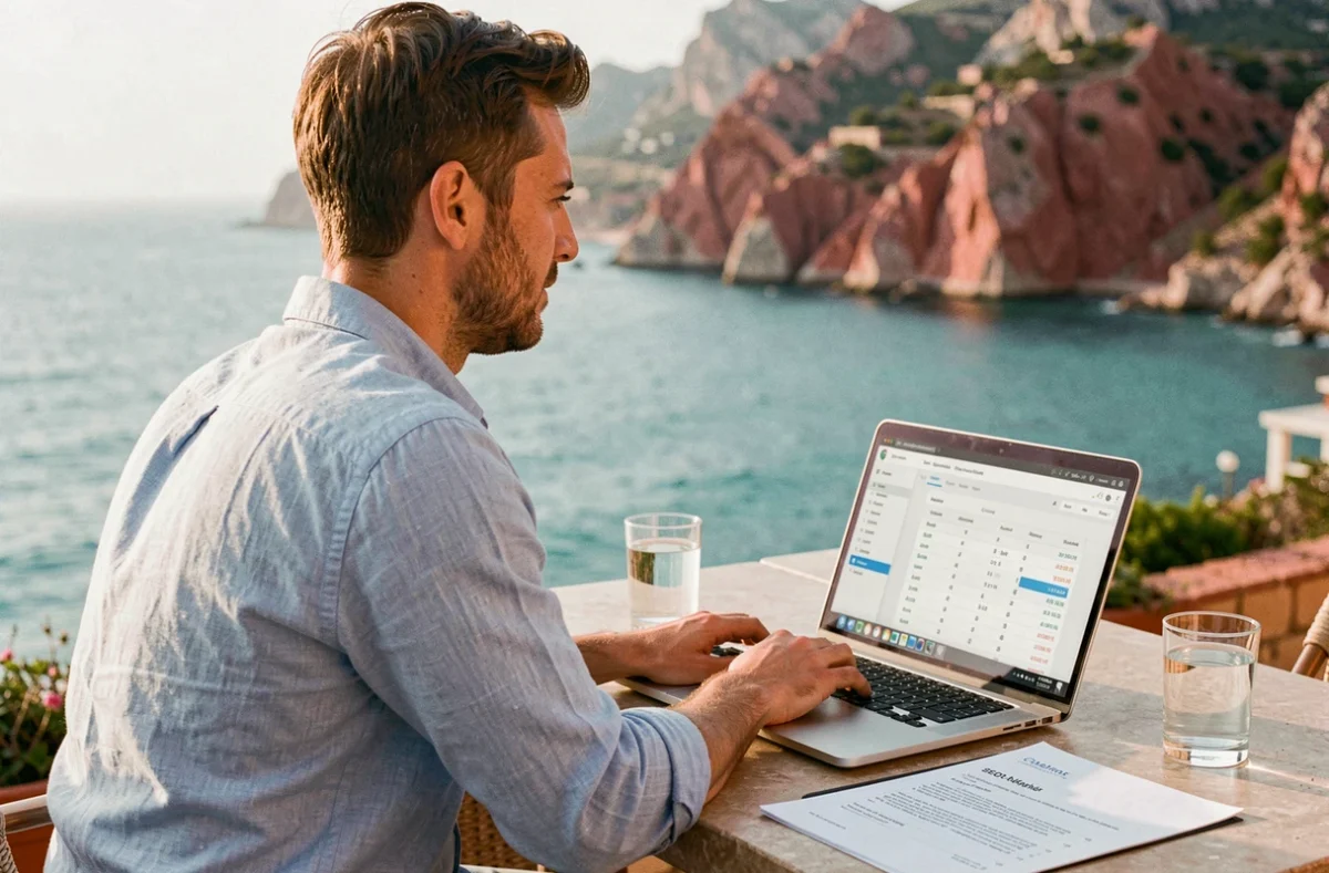 Consultant SEO freelance Bastien de Saint-Raphaël travaillant sur une terrasse avec vue sur la mer Méditerranée