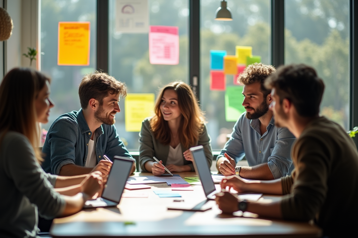 Groupe de stagiaires marketing en pleine réflexion autour d