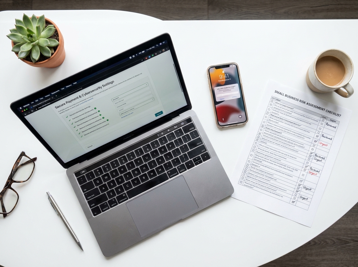 Vue aérienne d'un bureau e-commerce avec checklist de gestion des risques, alertes de cybersécurité et outils numériques pour petite entreprise
