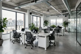 Espace de bureau moderne en open space à Levallois-Perret avec grandes fenêtres et vue sur les toits parisiens