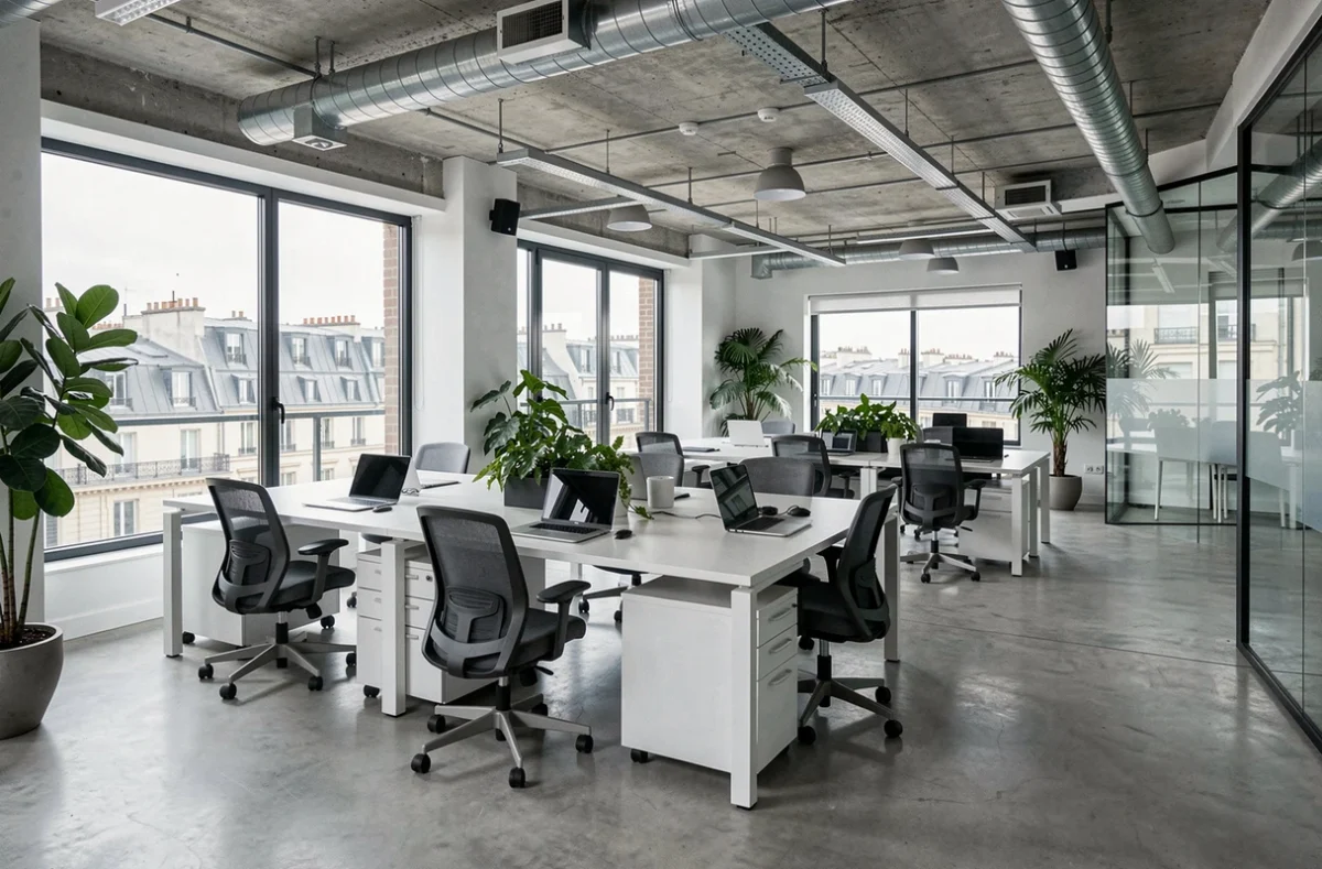Espace de bureau moderne en open space à Levallois-Perret avec grandes fenêtres et vue sur les toits parisiens