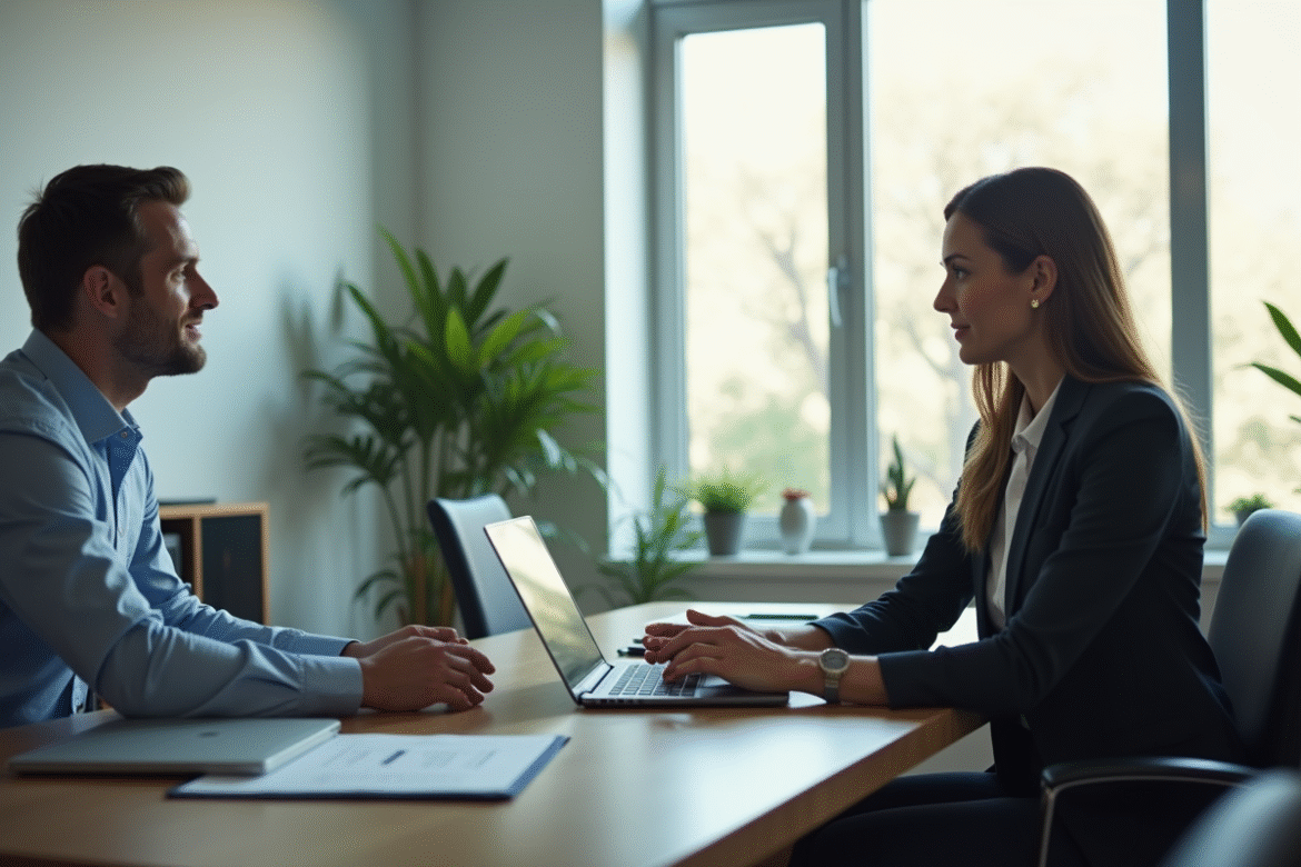 Employe confiant discutant avec son manager au bureau