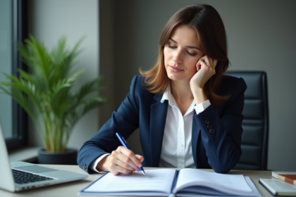 Femme d'affaires examinant des documents juridiques dans un bureau moderne