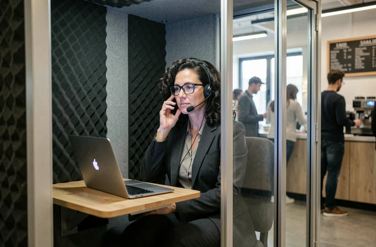 Femme en cabine téléphonique acoustique dans un espace de coworking, bureau privatif insonorisé