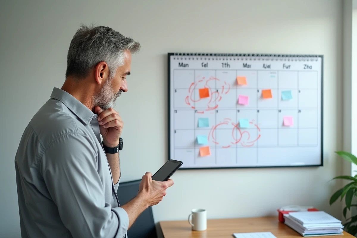 Professionnel en chemise grise comptant les jours ouvrables sur un calendrier mural avec des cercles rouges et des notes autocollantes