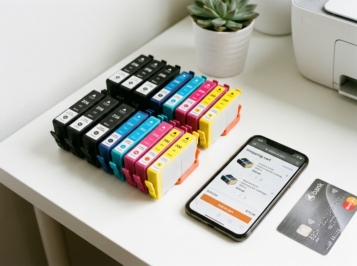 Cartouches d'encre colorées disposées à côté d'un smartphone avec panier d'achat en ligne et carte bancaire