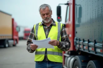Conducteur de camion réfléchissant près de son camion
