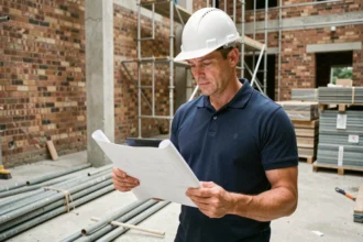 Chef de chantier consultant des plans de rénovation sur tablette numérique sur un chantier BTP actif