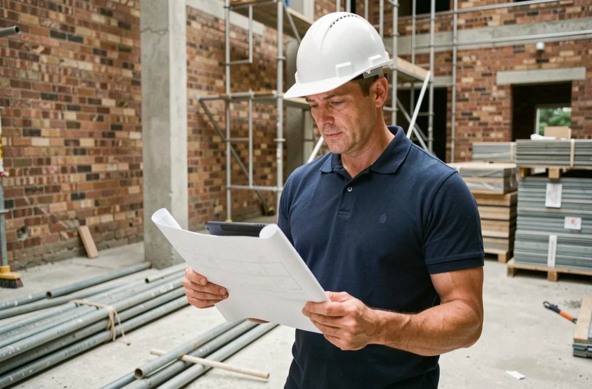 Chef de chantier consultant des plans de rénovation sur tablette numérique sur un chantier BTP actif