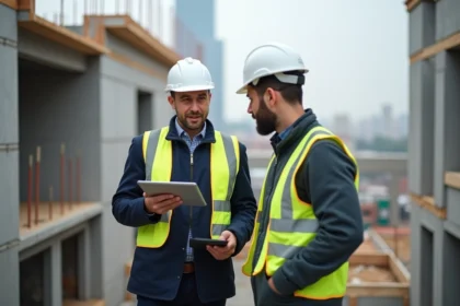 Manager de chantier en veste haute visibilité et tablette