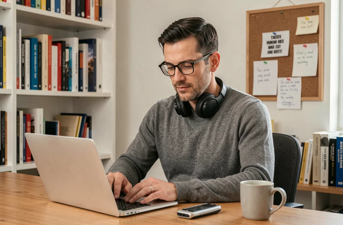Chercheur UX transcrivant des verbatims d'entretiens utilisateurs sur son ordinateur portable dans un bureau à domicile calme et organisé