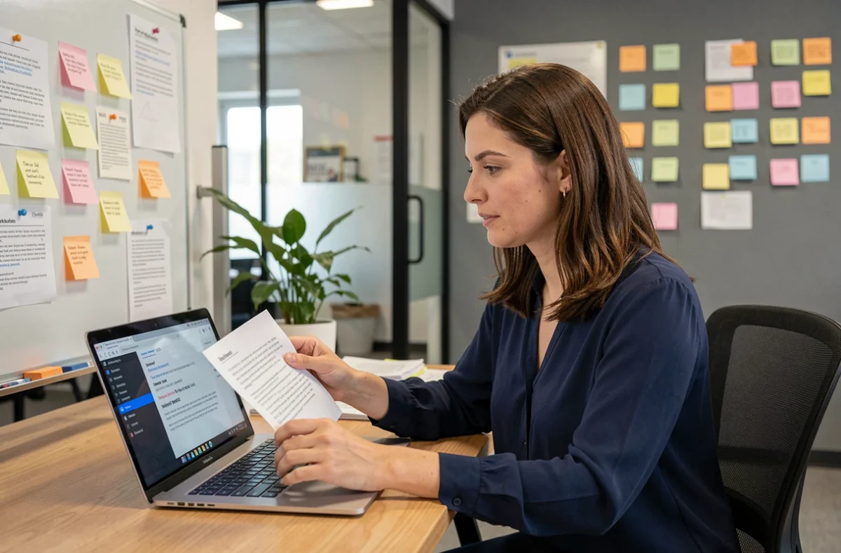 Chercheuse UX analysant des verbatims utilisateurs sur des fiches papier et des post-it dans un espace de travail collaboratif moderne