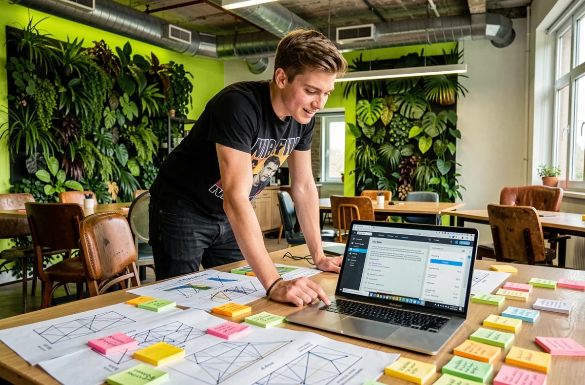 Stratège digital de Clic Clic Bang Bang entouré de wireframes et notes de campagne SEO dans un bureau créatif