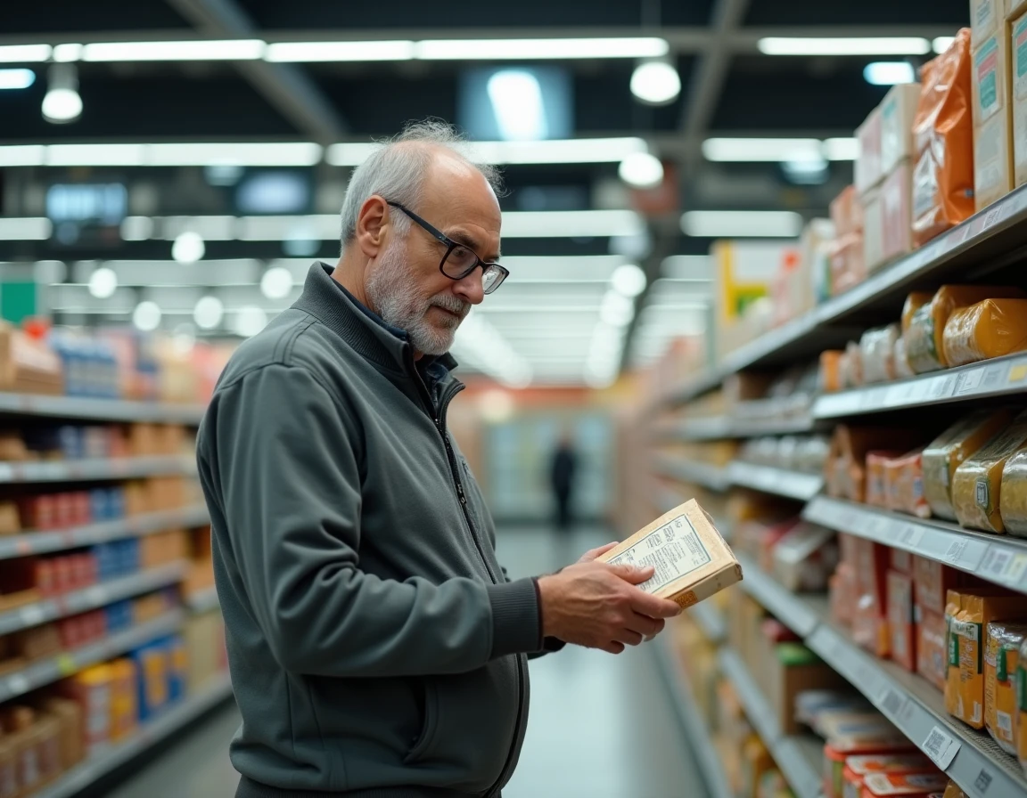 Homme d'âge mûr en supermarché tenant un emballage vintage, illustrant la nostalgie autour de l'ancien logo Intermarché