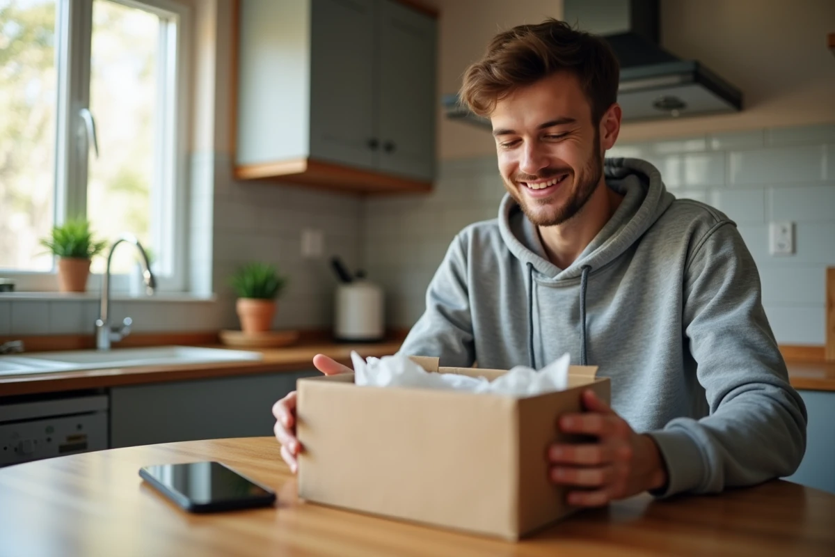 Client ouvrant un colis livré à domicile et donnant son avis sur une application de satisfaction client depuis sa cuisine