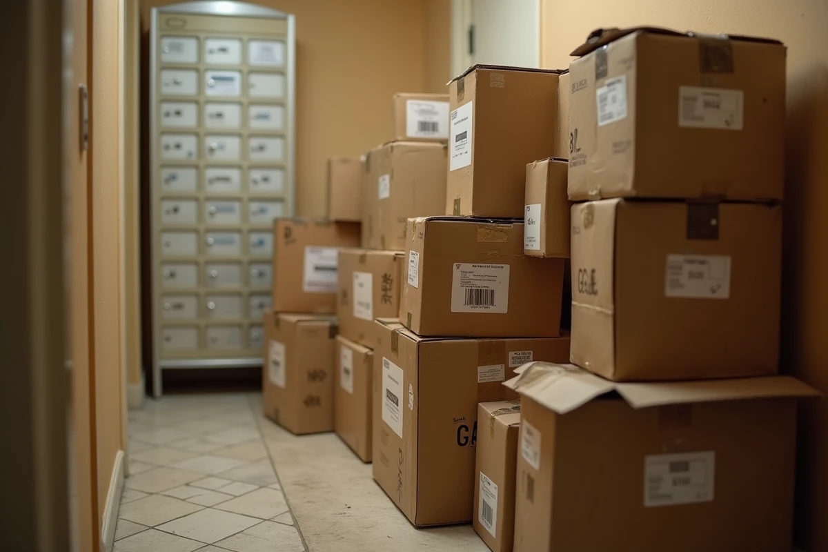 Pile de colis non distribués accumulés dans un couloir d'immeuble résidentiel illustrant les retards de livraison liés à la saturation du hub Harnes