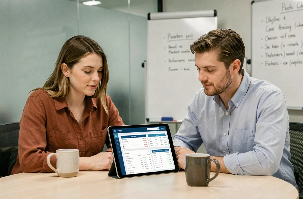 Deux collègues collaborent sur une tablette pour optimiser leur veille concurrentielle en entreprise