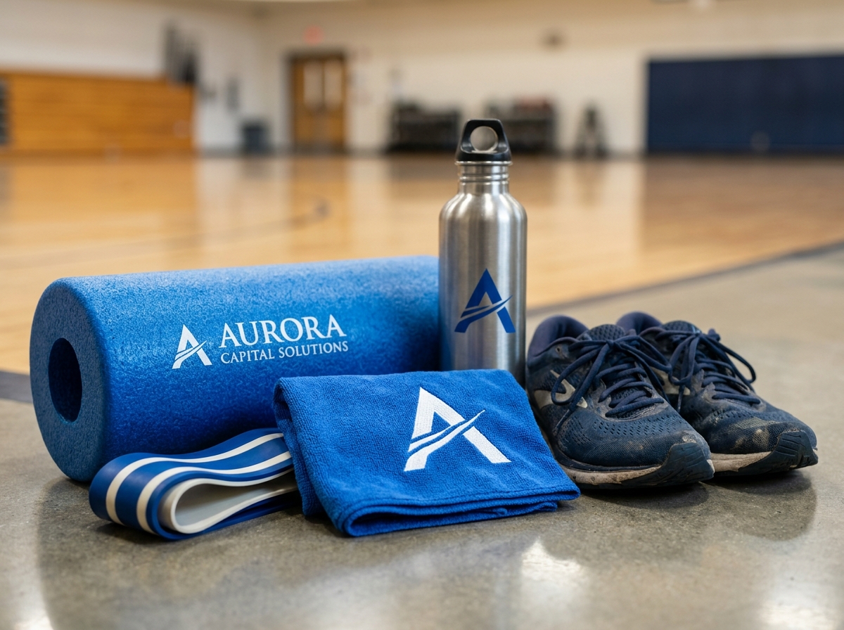 Collection d'objets sportifs publicitaires floqués aux couleurs d'une marque corporate — gourde, bande de résistance, rouleau de massage et serviette — disposés sur une surface en béton poli dans une salle de sport