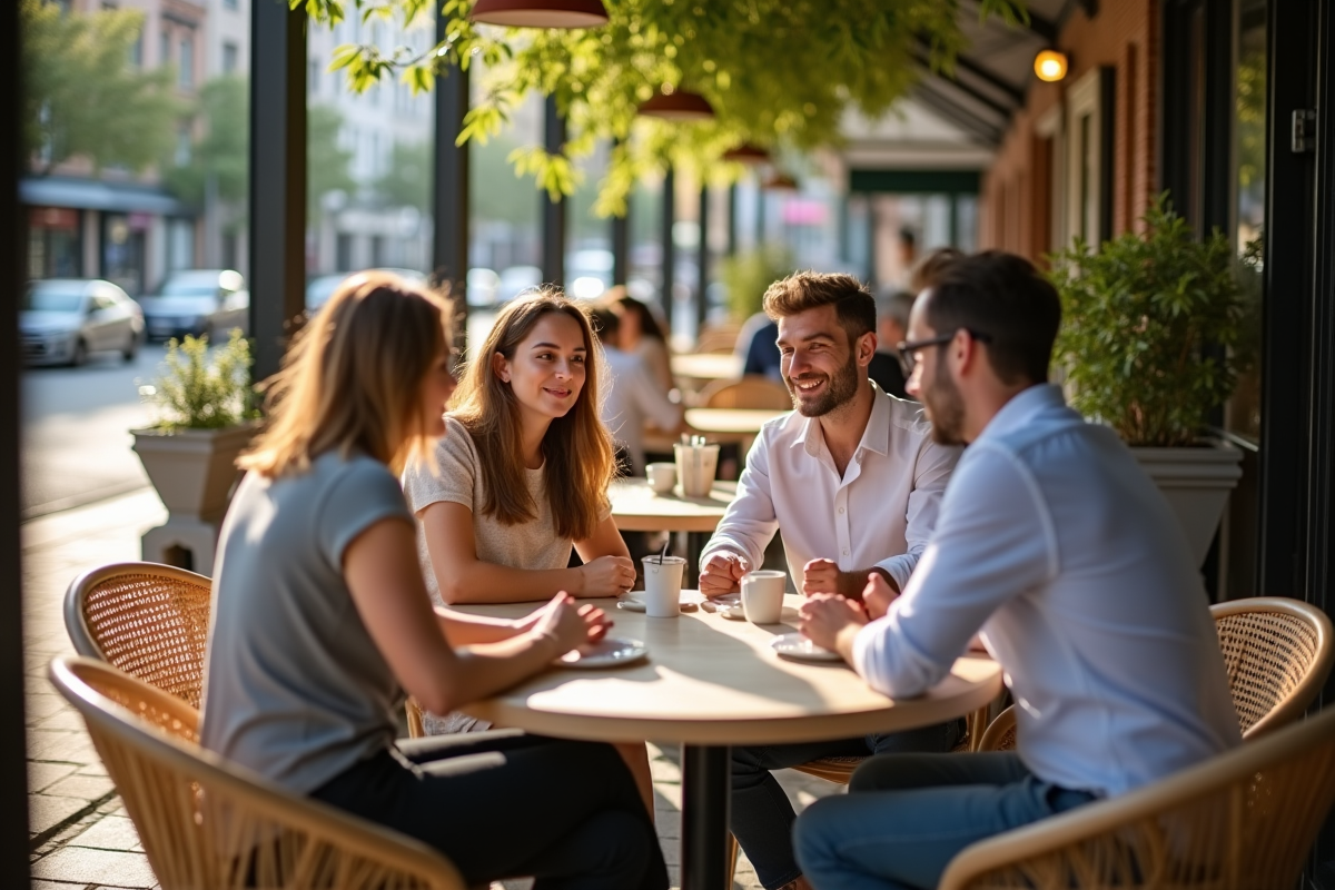 Collegues discutant en terrasse en été