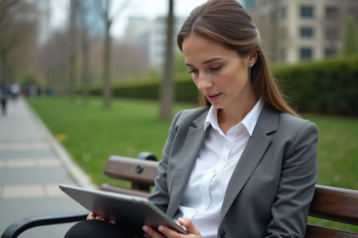 Commerciale terrain consultant une carte de secteur sur tablette dans un parc urbain