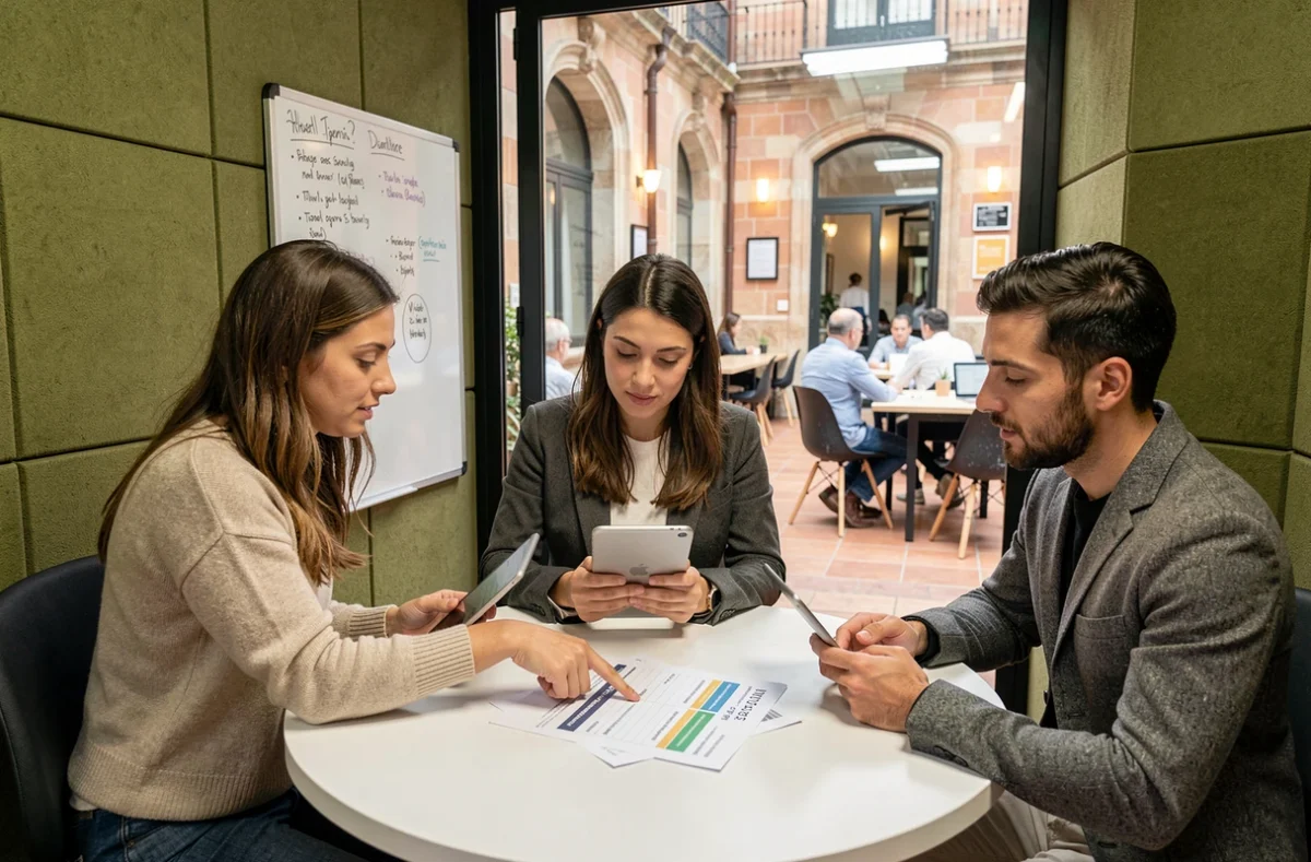 Groupe de professionnels comparant des offres de coworking dans une salle privée à Madrid