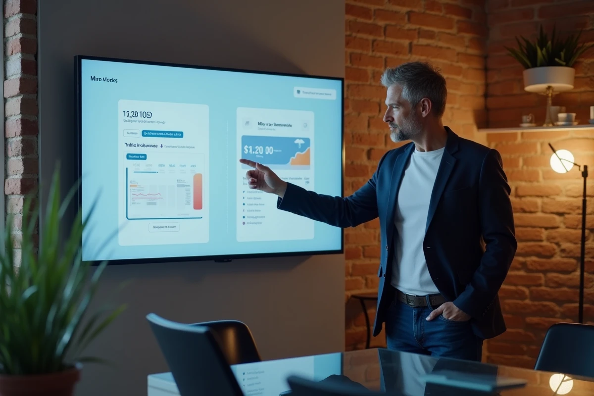 Chef d'entreprise comparant deux plateformes d'avis clients sur un écran mural interactif