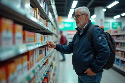 Un voyageur compare les prix des cartouches de cigarettes dans un duty-free à la frontière espagnole