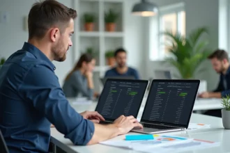 Homme comparant les tarifs de plateformes d'outils IA sur deux ordinateurs portables dans un bureau moderne