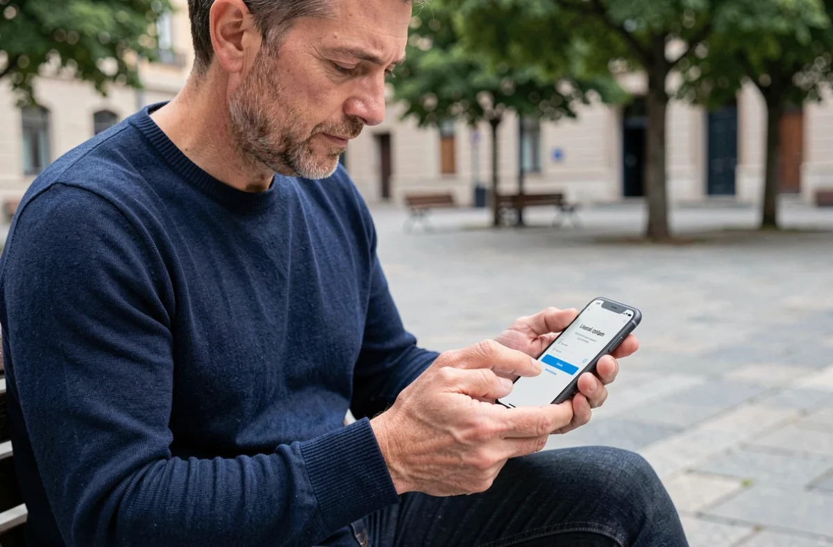 Homme utilisant un smartphone pour se connecter à Coffreo depuis l'extérieur en ville