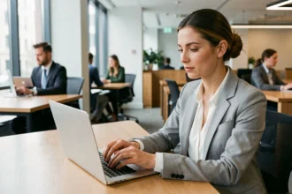 Femme professionnelle se connectant à Coffreo sur un ordinateur portable dans un bureau moderne
