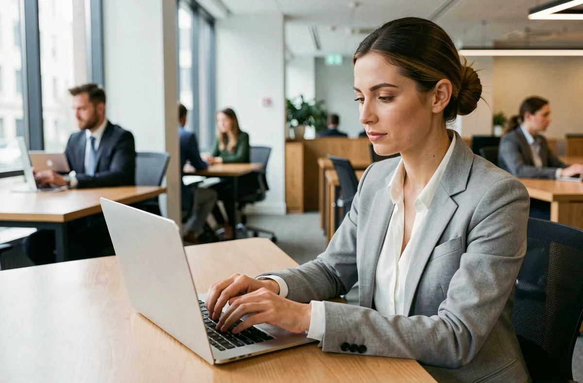 Femme professionnelle se connectant à Coffreo sur un ordinateur portable dans un bureau moderne