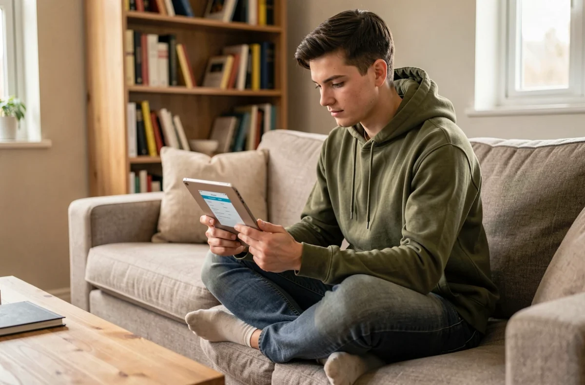 Jeune professionnel se connectant à Coffreo sur une tablette depuis son domicile