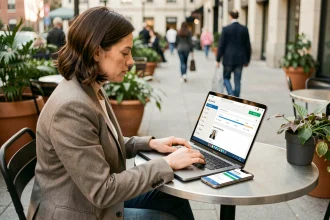 Femme professionnelle connectée à l'intranet MFR depuis un café en mobilité sur ordinateur portable