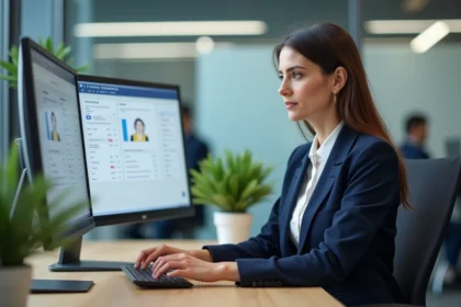 Une professionnelle RH connectée à un logiciel de bureau RH sur un double écran dans un bureau moderne