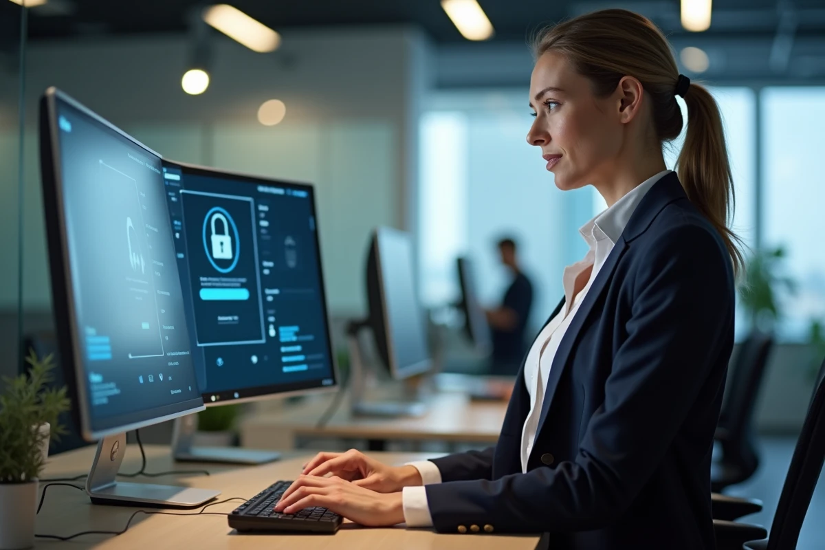 Femme professionnelle accédant à un portail de connexion sécurisé affilié Sécuritest depuis un ordinateur de bureau en open space