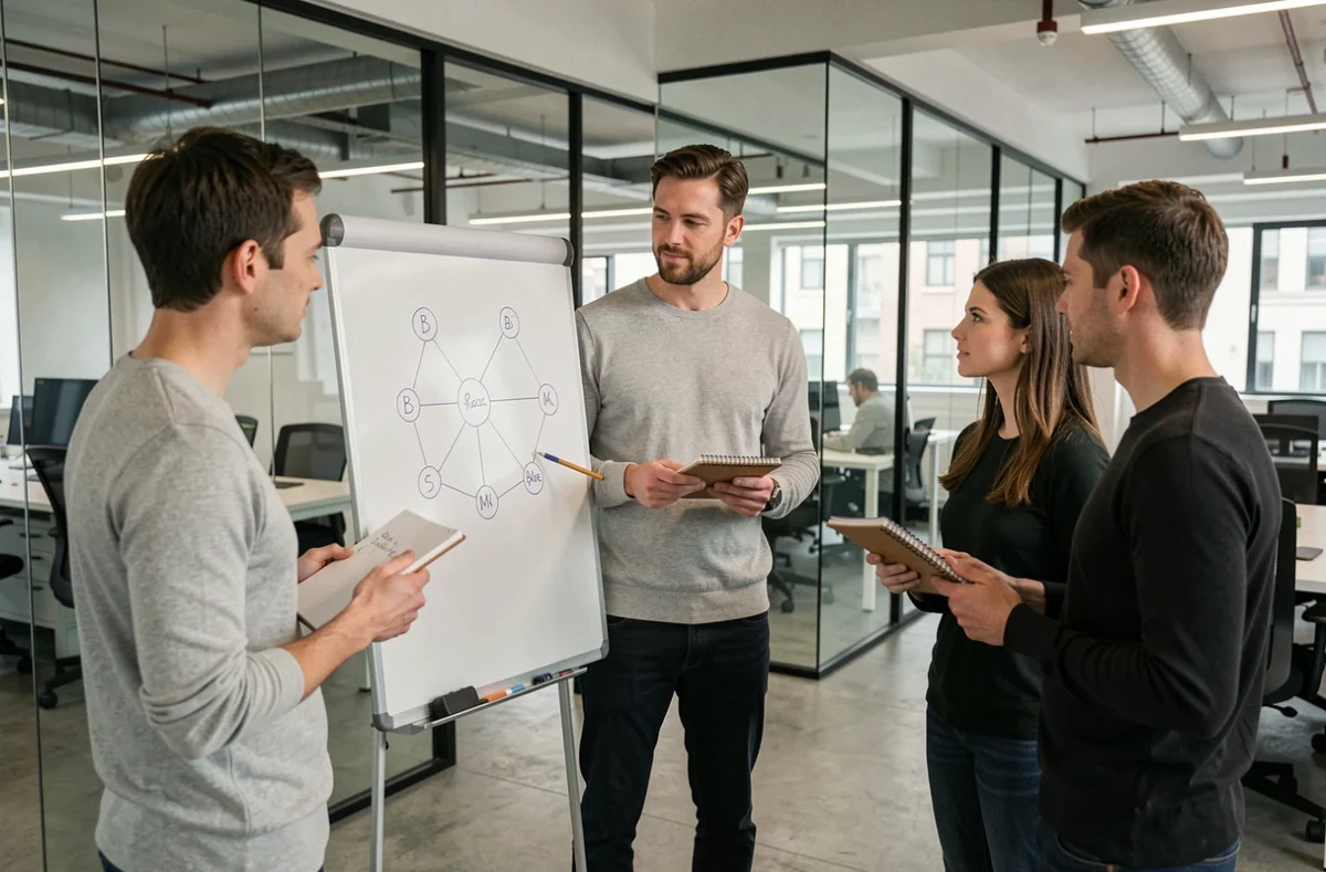 Consultant Chogan présentant une stratégie de réseau à des collègues dans un espace de coworking moderne