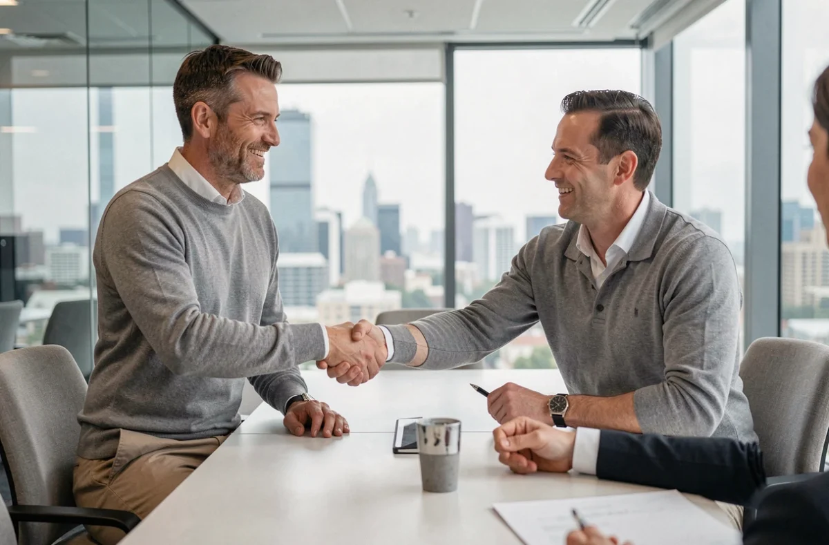 Consultant freelance en portage salarial concluant un accord commercial avec un client en salle de réunion