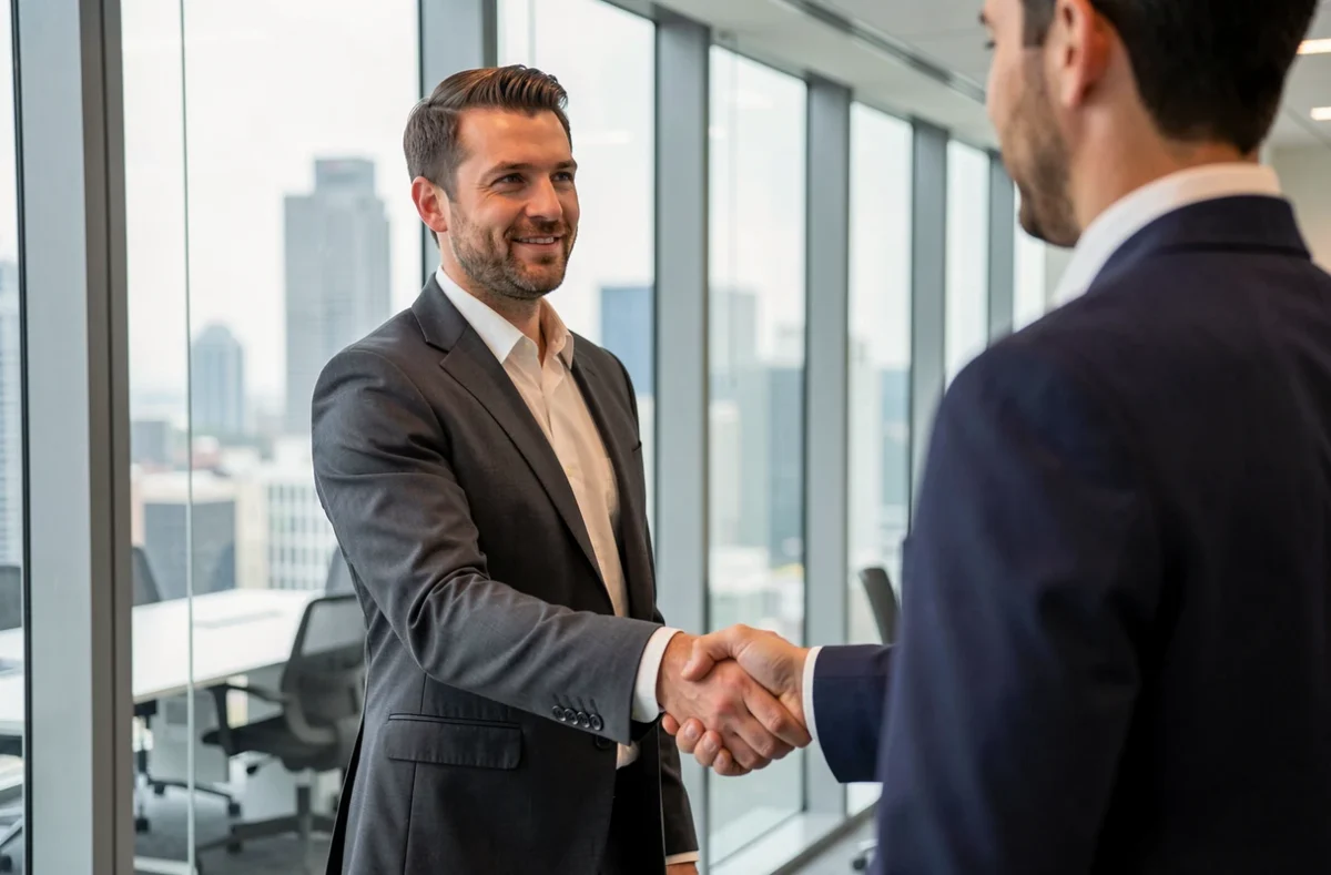 Consultant indépendant en portage salarial concluant un partenariat professionnel dans un bureau moderne