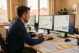 Consultant SEO dans le Var travaillant sur des tableaux de bord de référencement naturel dans un espace de coworking moderne