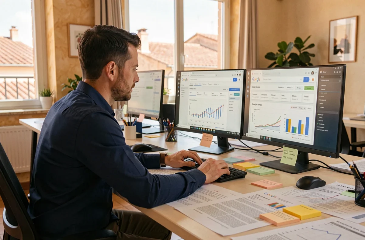Consultant SEO dans le Var travaillant sur des tableaux de bord de référencement naturel dans un espace de coworking moderne
