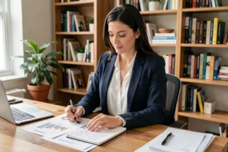 Consultante Chogan travaillant dans un bureau à domicile organisé avec des graphiques de vente et un carnet d'objectifs