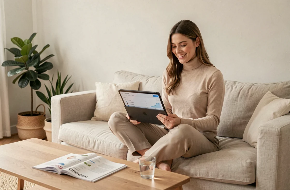 Jeune consultante Chogan analysant ses résultats commerciaux sur une tablette depuis son salon