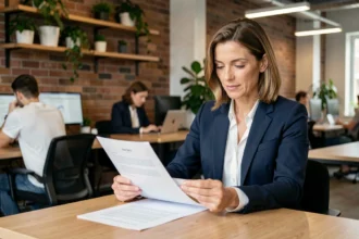 Consultante indépendante en portage salarial révisant un contrat dans un espace de coworking moderne