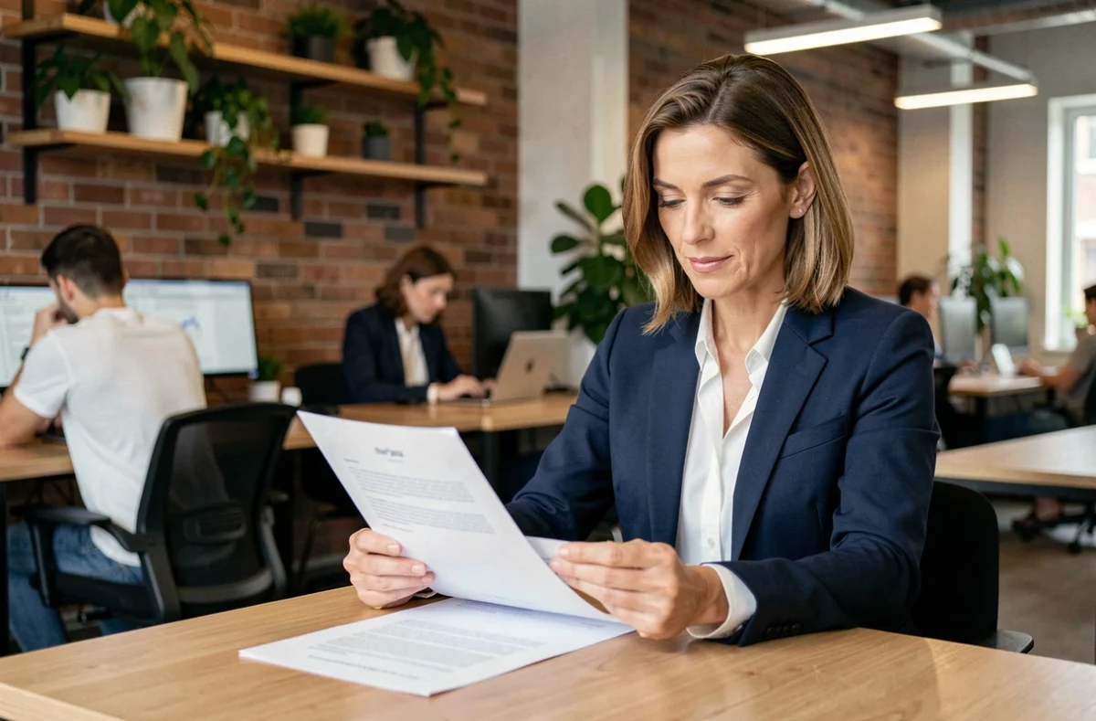 Consultante indépendante en portage salarial révisant un contrat dans un espace de coworking moderne