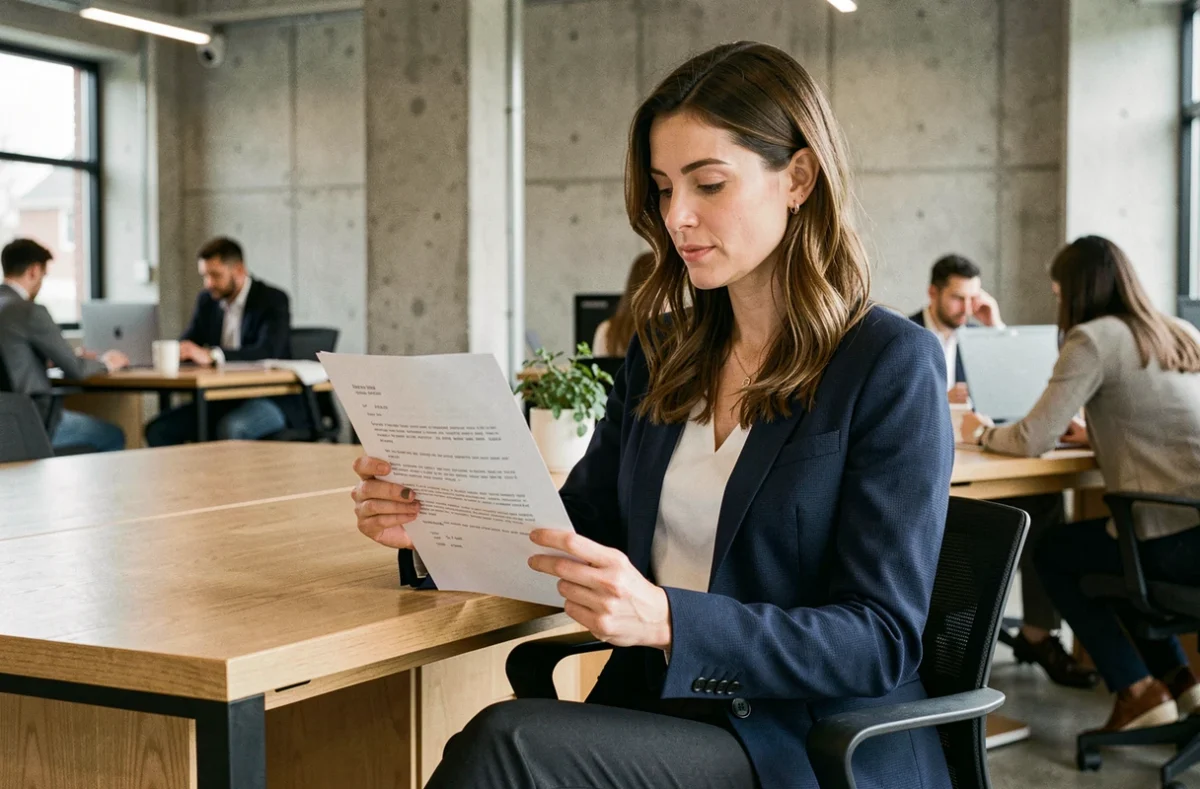 Consultante indépendante en portage salarial examinant un contrat dans un espace de coworking moderne