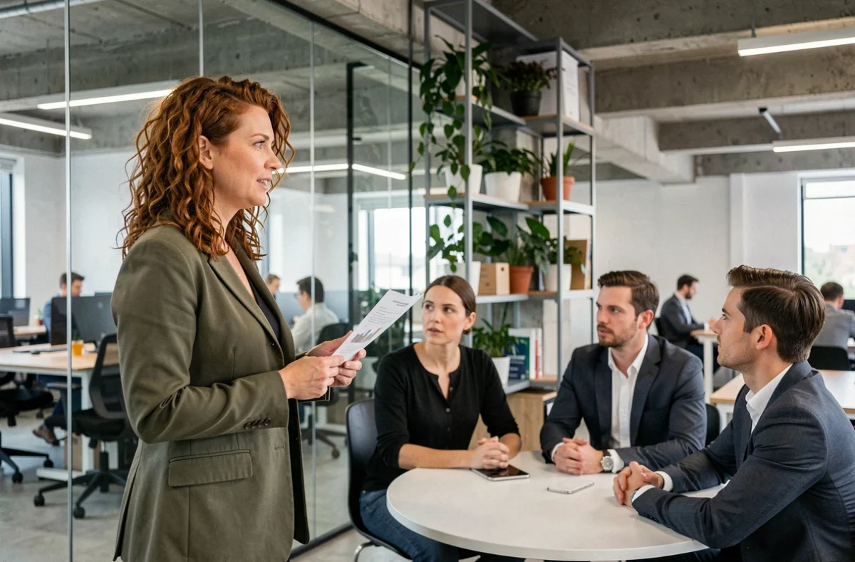 Consultante indépendante présentant le portage salarial à des membres d'une association dans un espace de coworking