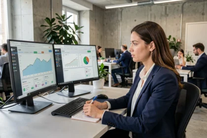 Consultante SEO travaillant sur des tableaux de bord d'analyse dans une agence digitale du Puy-de-Dôme à Clermont-Ferrand