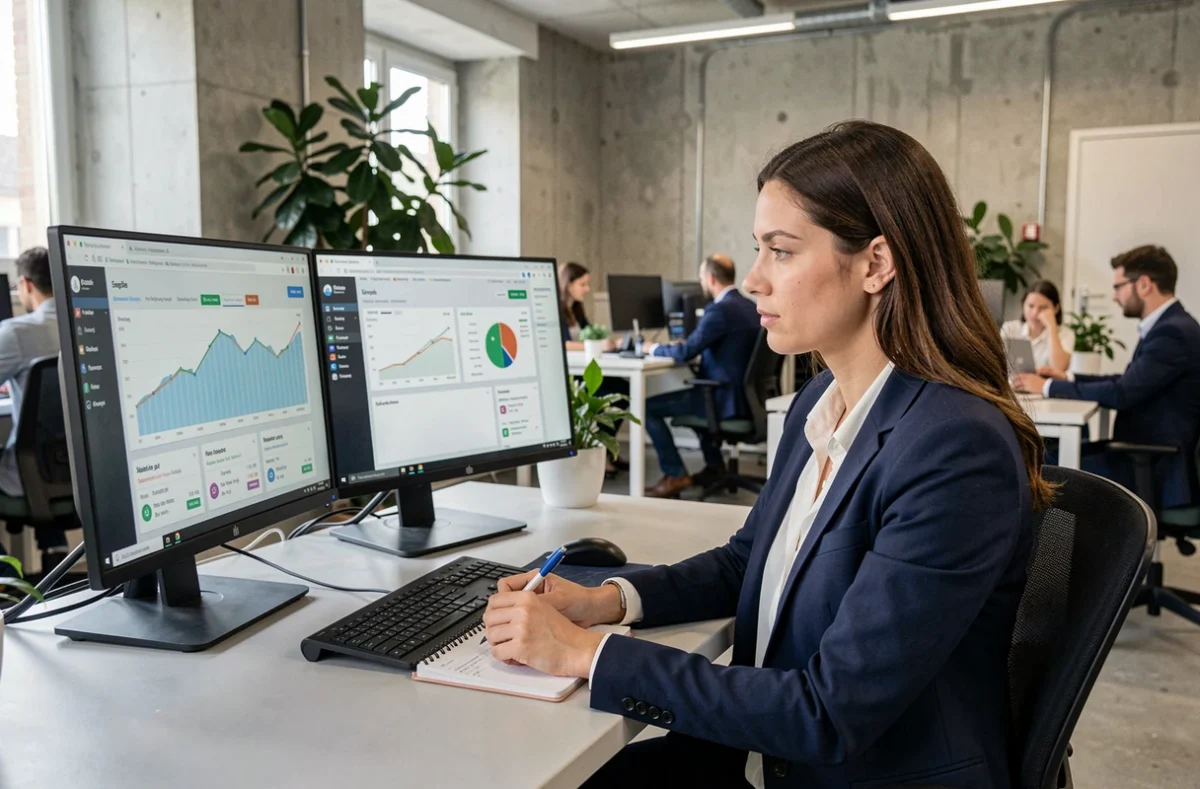 Consultante SEO travaillant sur des tableaux de bord d'analyse dans une agence digitale du Puy-de-Dôme à Clermont-Ferrand