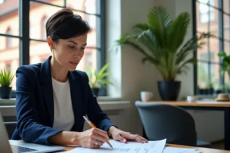 Consultante SEO en Alsace analysant un plan d'action référencement sur 90 jours dans un espace de coworking à Strasbourg